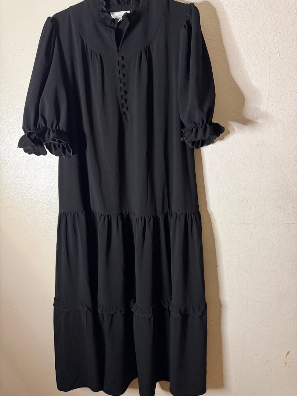 Pomander Place Finley Black Flutter Maxi Dress with Puff Sleeves and tiered